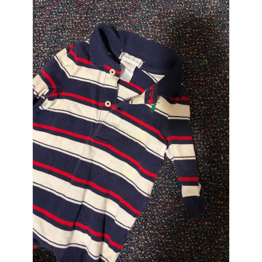 Ralph Lauren Baby Boys Navy Red White Striped Long Sleeve Polo Romper 3M